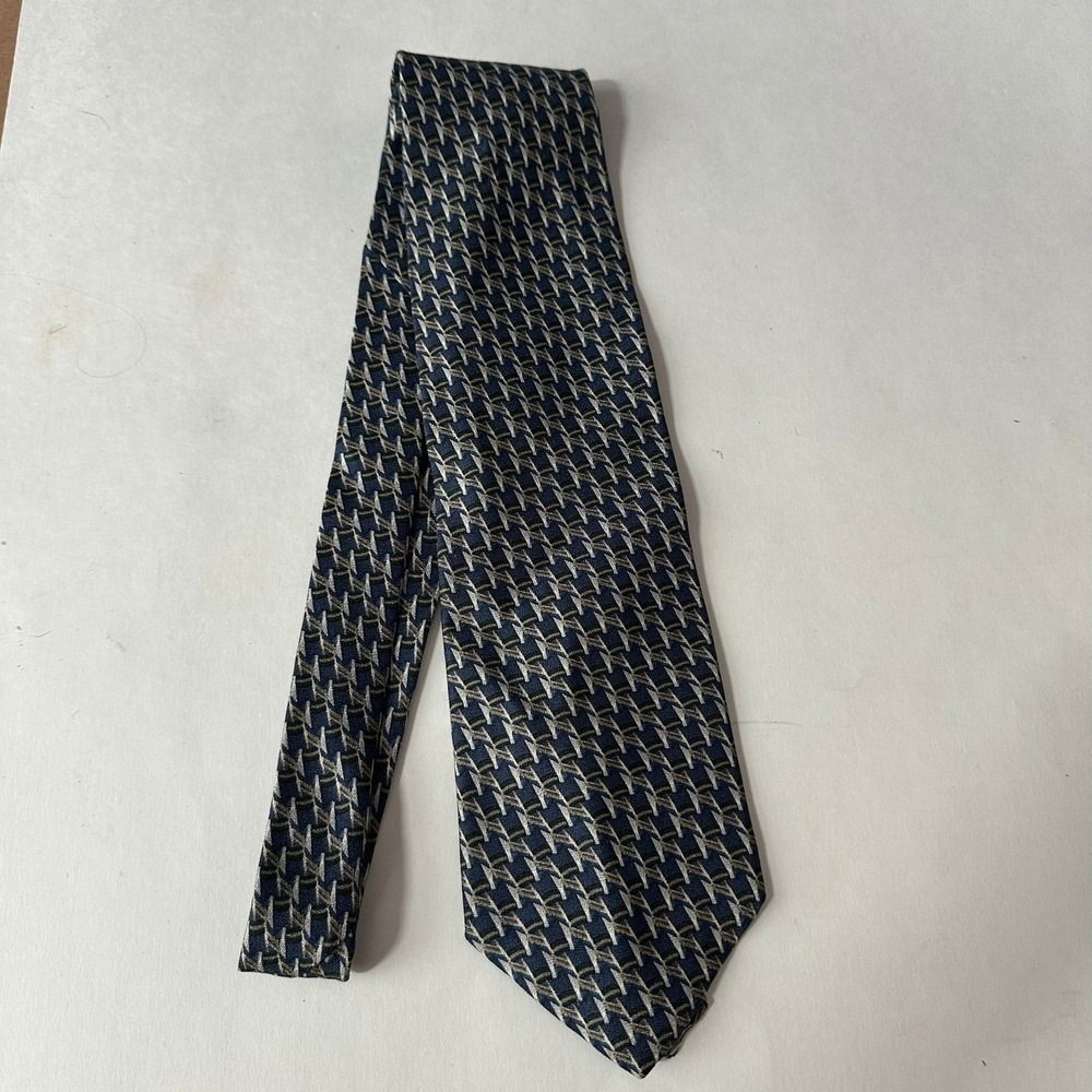 Henry Grethel Mens Navy Blue Silver Geometric Silk Necktie Classic Tie Corporate
